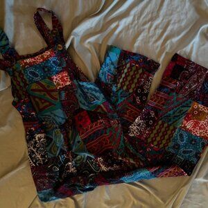 boho print retro look bib overall pants fun festival size medium womens